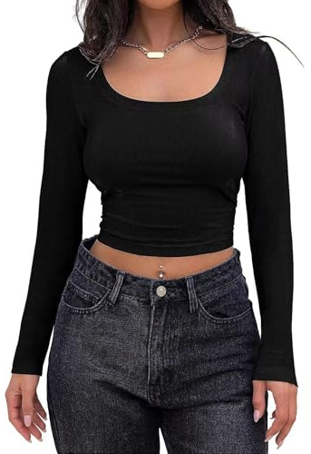 AOWVUTS Camiseta Corta de Manga Larga Mujer Punto Camisetas Cuello Redondo Elegante Crop Top Y2K Slim Fit T-Shirt Ligero Stretchy Túnica Blusas Casual Básica Club Party Streetwear