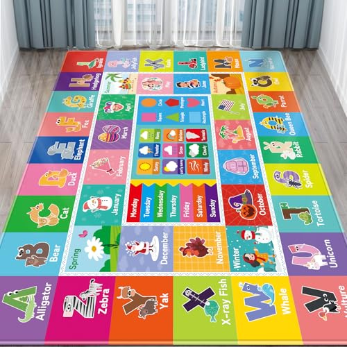 DINSUMRUG Kids Rug for Playroom, Baby Playmat with Alphabet, Month, Weather, Week and Shapes ABC Educational Rug, Play Carpet for Bedroom Classroom (200X150 CM, Weather)