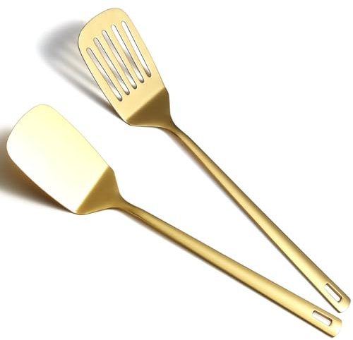 Gold Spatulas Set of 2, Kyraton Stainless Steel Spatula, Kitchen Solid Slotted Turner for Cooking Fish Eggs Packcakes Flipper, Titanium Gold Plating Cooking Utensils Set