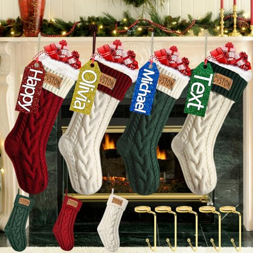 Morlavid 5 Packung Gestrickte Weihnachtsstrümpfe Personalisiert mit Namen 46cm, Personalisierte Weihnachtsmannstrümpfe für die Familie mit Etiketten, Anpassbare, Kamindekoration