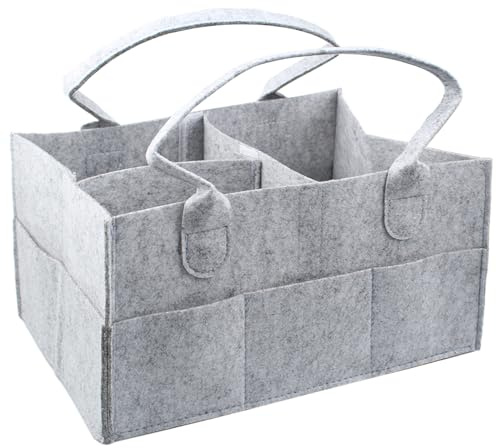 JJHXM 1 Stück 33 x 23 x 18 cm Windelaufbewahrungskorb, tragbar, Windelorganisator, mit 5 Außentaschen und 3 Fächern, für Reisen (grau)