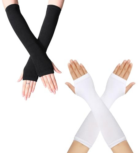 AWOCAN 2PCS Damen Armstulpen Lange Fingerlose Handschuhe Winter Gestrickt Fäustlinge Daumenloch Handschuhe für Frauen (Schwarz+Weiß)