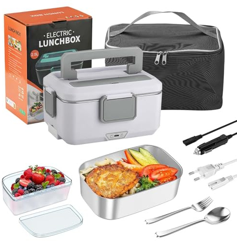 RUICUBEI Lunchbox, elektrisch, 90 W, für Auto und LKW und Büro, beheizter Napf, 3-in-1, Edelstahl, rostfrei, 12 V, 24 V und 220 V, 2,5 l, mit schwarzen Isolierbeuteln (2,5 l – Grau – 90 W)