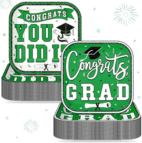 FoldTier 200 Pcs 2026 Graduation Party Dessert Plates Bulk 7 x 7 Inch Congrats Grad Paper Disposable Square Dessert Dinner Plates for Graduation Cocktail Supplies Party Decor (Square,Green)