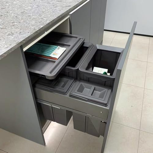 SanzIa Cubos de Basura Extraíbles Bajo Mueble Mostrador/Fregadero con Tapa, Cubo de Basura Comercial 56L Cuatro Cubos para Fregadero de Cocina, Lavandería, con Puerta