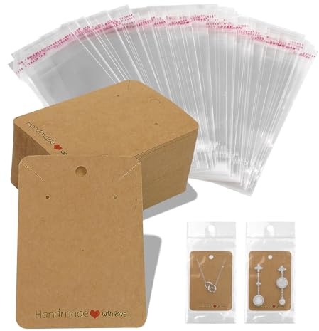 100PCS Earring Display Cards with Holes, Kraft Tags with Bags Earplugs | Handmade Jewellery Packaging for Craft Fairs: Necklace Stud Holder Set with 200 Silicone Backs, Self-Seal and Writeable