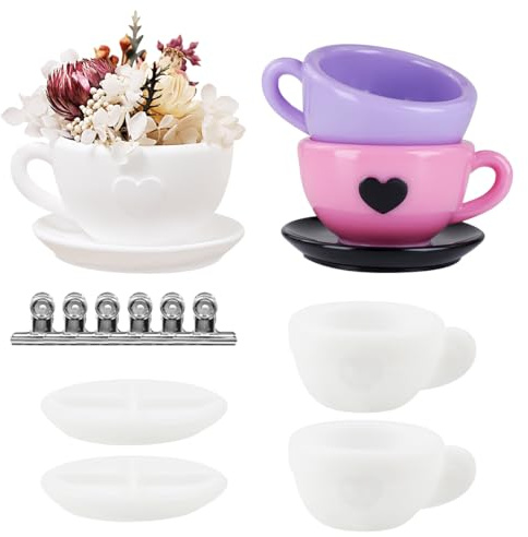Juego de 4 Moldes de Silicona para Tazas de Café, DIY Moldes de Velas con Platillos y Pinza de 50 mm, Creatividad Moldes de Resina Epoxi, Moldes de Silicona para Yeso
