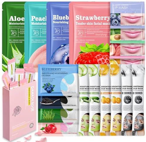 28-Piece Face Masks Skincare Set – Hydrating Facial Sheet Mask, Lip & Eye Mask, Preppy Stuff Face Mask Set For Glowing Skin – Girls Party Bag Fillers, Pamper Gifts For Women