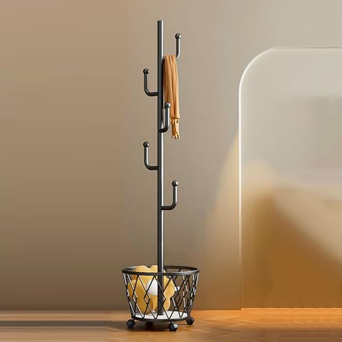 GUEIFD Attaccapanni in Metallo A Forma di Cactus con Cestino Portaoggetti, Attaccapanni da Pavimento, Attaccapanni Mobile per Vestiti, Cappelli, Borse, per Ingresso, Corridoio(Style A, Black)
