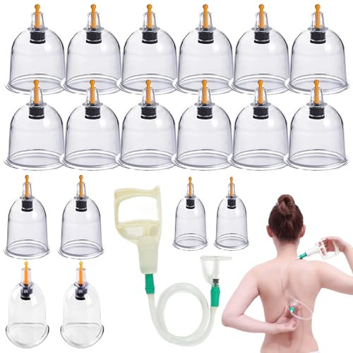 Cupping Glasses Set, 18 Cupping Cups for Traditional Chinese Therapy and Cupping Massage, Cupping Set with Vacuum Pump and Extension Tube, Cupping Glass Cupping Set (without Oil)
