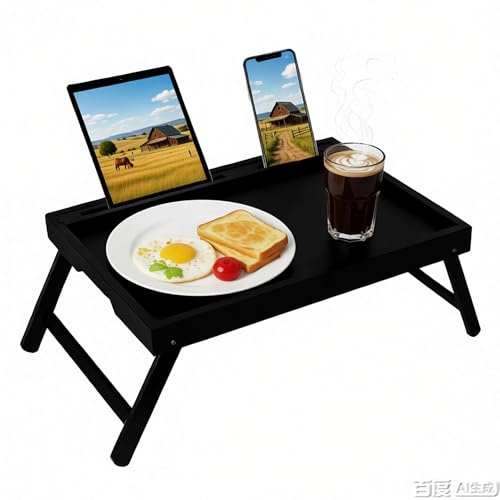 Asuthzon Bed Tray Table with Foldable Legs, Breakfast Food Trays for Eating on Couch with Media Slot for Bed, Eating, TV Tray, Kitchen Serving Tray(Black, Medium)