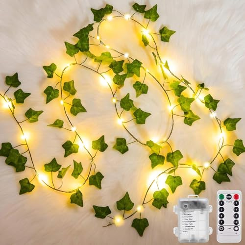 Cozymeow Guirlande Lumineuse 10M 100LED Lierre Artificiel Alimenté par Pile avec Télécommande/8 Modes Étanche Guirlande Feuille, Chambre Murale Balcon Table Lit Ramadan Intérieur Extérieur Décoration