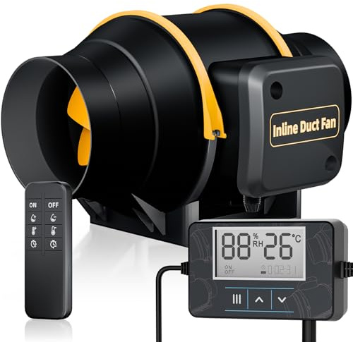 QiCrafe Intelligent Rohrventilator 100mm mit Fernbedienung, mit Temperatur- und Feuchtigkeitssensor, DoppelKugellager, Überhitzungsschutz, 367m³/h Rohrlüfter für Wachstumszelte, Lüftungsanlagen