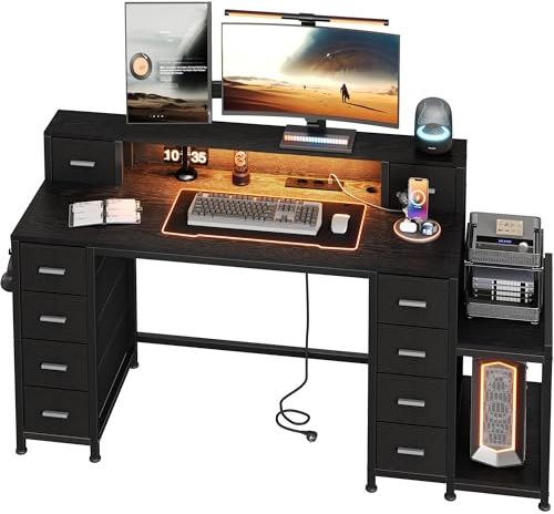 Hzuaneri Schreibtisch mit 10 Stoff Schubladent 128x48cm. Monitorst. Schwarz | LED Gaming Tisch,2 Steckdosen, USB, Typ-C. Für Gaming & Homeoffice. 128x48cm, Schwarz, stabil. Ref. CD61004XEU.