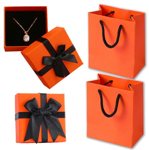 2 Pezzi Scatole Regalo con Fiocco, 7,5x7,5x3,5cm Confezione Regalo per Gioielli, Scatola Regalo Piccola, con 2 Sacchetti Regalo per Pasqua, Natale, Matrimonio, Compleanno (Arancione)