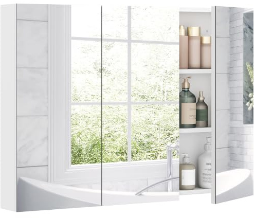HOMCOM Badezimmer-Spiegelschrank, Wandmontage, 91,5 x 11,5 x 65 cm, Weiß | 3-türige Aufbewahrungseinheit, moderner Badezimmer-Wandschrank, 4 verstellbare Regale