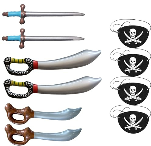 Générique 4 Épées Gonflables Pirates + 4 Masque pour Un œil｜Épée Jouet Sécurisée pour Enfants｜Costume Fête d'halloween｜Accessoire Déguisement et Jeu de Rôle (2)
