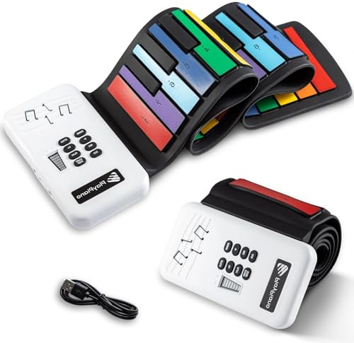 49 Keys Keyboard Piano Portable Roll Up Piano Keyboard 75cm Slim Silicone Mat 8 Tones & 6 Learning Modes Foldable Beginner Piano for Kids Adults
