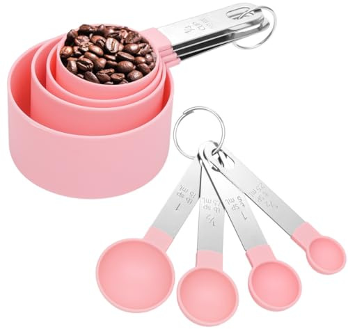 Kit de herramientas de medición de 8 piezas para cocinar y hornear, tazas y cucharas de plástico con asas de acero inoxidable, incluye tamaños de 1, 1/2, 1/3, 1/4 taza y cucharada
