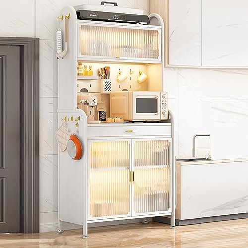 5-Tier Kitchen Etagere Storage Shelf Transparent Switch Door Design DIY Basket nizer Modern Kitchen Furniture White Color Space-Saving Solution for Home