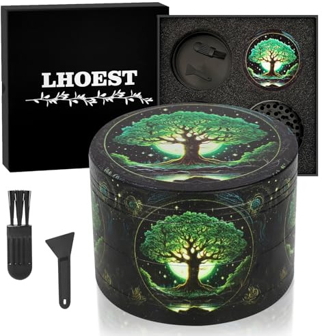 LHOEST Metal Grinder 63MM Crusher 40 Grinding Teeth Cool Grinder 4 Layers | With Scraper Plastic Brush Black Grinder Tree Design Metal Crusher for Spice Mill Gifts Grinder for Kitchen