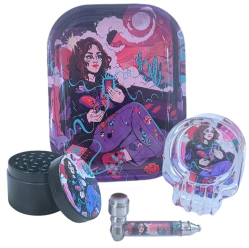 Rolling Tray Gift Set Includes Glass Ashtray Metal Pipe & 50mm Herb Crusher - Premium Smoking Accesseries Kit For Home or Travel - Gift for smoker (Design-5)