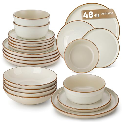 Geschirrset 12 Personen, vancasso RENO 48-tlg Steingut Teller Set Modern, Tafelservice mit Speiseteller, Suppenteller, Dessertteller, Schüsseln, Geschirr Spülmaschinenfest & Mikrowellengeeignet, Beige