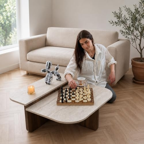 moebel17 Couchtisch 90x90 cm Travertin-Optik – 2er Set Wohnzimmertisch in Stein-Holz-Optik – moderner Couchtisch Holz, Beige – Sofatisch Wohnzimmer mit abgerundeten Ecken, Walnuss-Optik