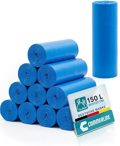 Commerline Müllsäcke 150 L, 5 Rollen, Müllbeutel, Mülltüten | Blau, 80 × 110 cm, reißfest, für Haushalt, Büro, Gewerbe, Gastronomie & Industrie, für den täglichen Gebrauch