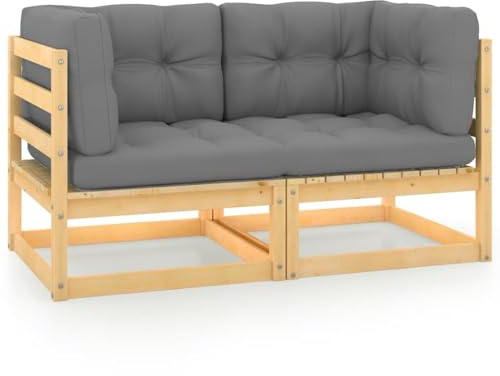 Foknhdi Gartensofa 2-Sitzer aus massivem Kiefernholz grau 70 x 70 x 67 cm platzsparendes Balkonmöbelset mit Polyester-Kissen modular erweiterbar für kleine Balkone Terrasse und Gartenlounge