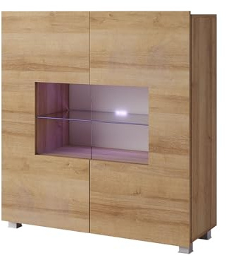 Mirjan24 Kommode Calabrini BR01 mit 2 Türen, Sideboard, Anrichte, 100x107x35 cm, Highboard, Mehrzweckschrank, Wohnzimmer (Eiche Gold, mit Blauer LED Beleuchtung)