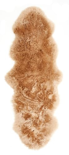 LUXOR living Schaffell echt, Fellteppich, Bettvorleger, 60 x 160 cm, Cognac | Oberseite 100% Wolle, Rückseite 100% Leder gegerbt, Florhöhe ca. 50 mm, Kuschelteppich