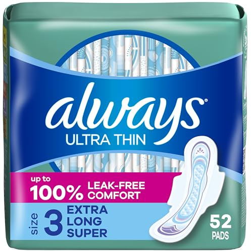 Always Ultra Thin Feminine Pads with Wings for Women, Size 3, Extra Long Super Absorbency, Unscented, Up to 100% Leak-Free Protection, 52 Count