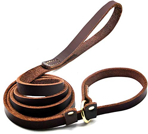Wellbro Hundkoppel i äkta läder, justerbara sydda husdjurskoppel med skjutreglage, kraftiga platta hundträningskoppel för medelstora och stora hundar, 1,5 m lång och 1,8 cm bred, brun