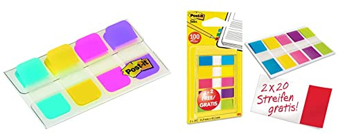 Post-it Lesezeichen Mini Starre Standardfarben - 40 Index & 683-5CBP Index Mini Promotion 5 x 20 Haftstreifen im Spender, 11,9 x 43,2 mm, türkis, gelb, pink, lila, grün