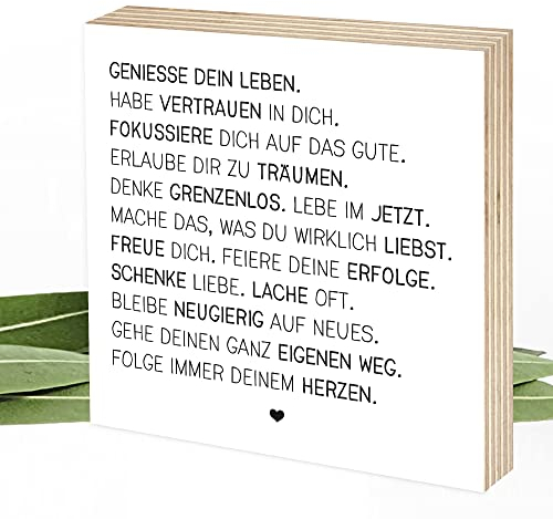 Wunderpixel® Holzbild Genieße dein Leben - 15x15x2cm zum Hinstellen/Aufhängen, echter Fotodruck mit Spruch auf Holz - schwarz-weißes Wand-Bild Aufsteller Zuhause Dekoration/Geschenk-Idee