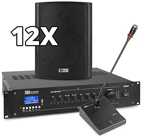 Power Dynamics Sistema PA 100V – Amplificador 120W con Bluetooth y MP3, 12 Altavoces con Soporte, Micrófono con Timbre, 100m de Cable – Ideal para Almacenes, Oficinas y Naves Industriales
