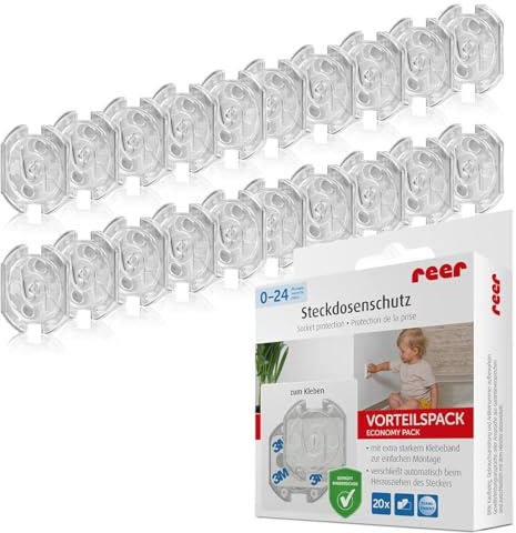 reer Steckdosenschutz zum Kleben, Kindersicherung, 20 Stück, Transparent | Automatischer Schließmechanismus, Öffnung nur mit Stecker, 3M-Klebefläche und verstärkte Rückplatte für Standard-Schuko-Dosen