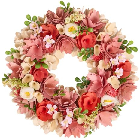 Door Wreath Wooden Hanging Outdoor Garden Front Door Autumn Garland Decoration (Pink & White) - DV51