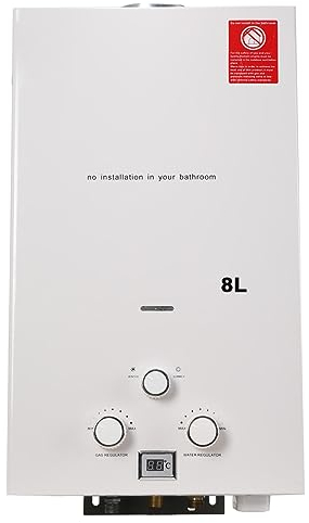 SUDEG 8L Chauffe-eau au Gaz Propane,Chauffe-eau Sans Réservoir au GPL, 16KW Affichage Numérique Instantané au GPL avec kit de Pomme de Douche Plaqué, Chauffe-eau Mural Blanche