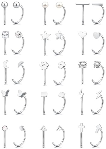 MILACOLATO 15Paar Creolen Set Edelstahl Piercing Ohr Klein Halb Huggie Creolen Ohrringe Mini Kugel Stab Stern Mond Herz Schmetterling Punkt CZ Ohrstecker Ohrknorpel Piercing Schmuck Silber