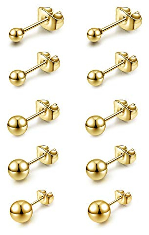 PiercingJak 10pcs Clous Boucle d'Oreilles Boule Or Boucles d'oreilles Acier Inoxydable Piercings Tragus Cartilage Hélix Oreille Perle Rond 3mm-8mm Doré Bijoux de Corps Femme Homme