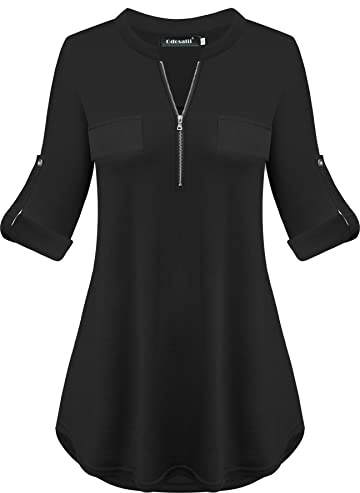 Odosalii Damen V-Ausschnitt Kariert Bluse 3/4 Ärmel Kurzarm Tunika | Reißverschluss Tops Longshirt Hemd T-Shirt