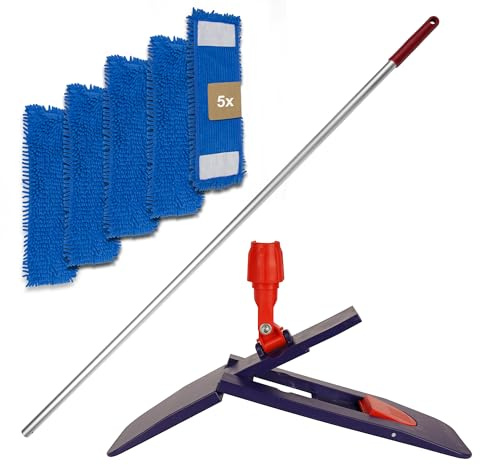 G.I.V. Bodenwischer Set 50cm Klapphalter mit Trittmechanik & Magnetverschluss + Aluminiumstiel Rot - inkl. 5X Chenillemopp Bezug - Wischer Bodenreinigung - Gebäudereinigung