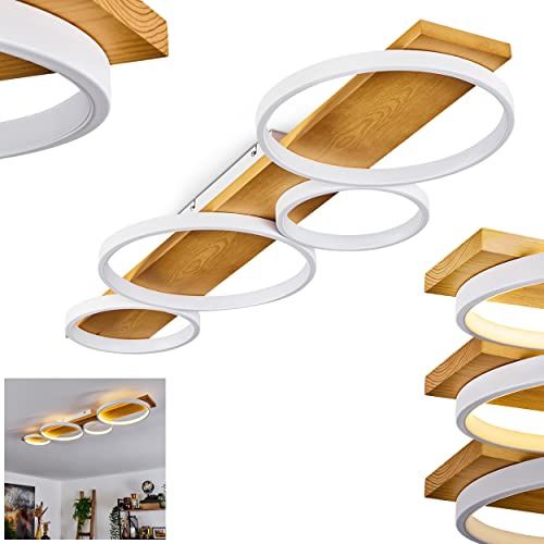 HOFSTEIN LED Deckenleuchte Rodekro, dimmbare Deckenlampe aus Metall/Holz in Weiß/Naturfarben, dimmbar über Lichtschalter, moderne Leuchte mit Holzbalken, 44 Watt, 3000 Kelvin, 5100 Lumen