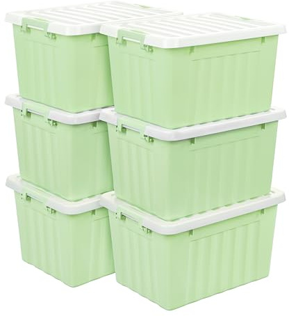 Cetomo 15L*6 Cajas de Almacenamiento con Tapas, Contenedores de Plástico con Broches de Enganche, Clip On, Apilables, Encajables, Organizador Rayado para Ropa Juguetes Armario, Verde, 15L-6 Pack