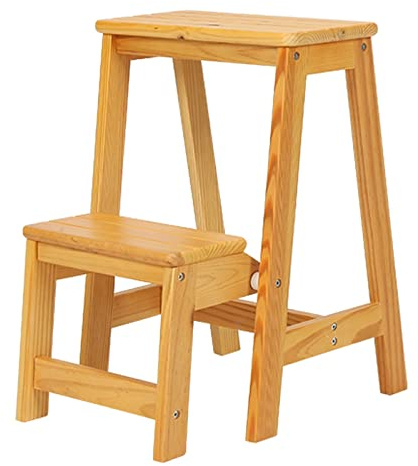 Leiterstuhl Treppenstuhl Hockerleiter Tritthocker 2-stufiger Klappleiter aus Holz Multifunktions-Stehleiter Platzsparende Küche Stabile Trittleiter für Bibliothek, Haus und Küche - 150 kg Tragfähigkei