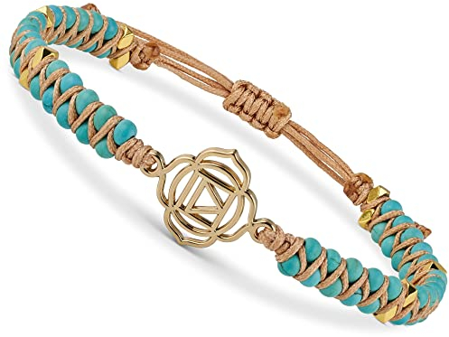 BENAVA Damen Yoga Armband Türkis Edelstein Perlen mit Lotus Anhänger Blau | Edelstein Armband Meditation | 16-24 cm