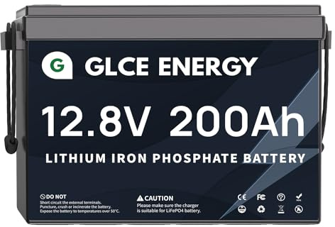 GLCE ENERGY LiFePO4 Batterie 12V 200Ah, 2560Wh Lithium Akku, Verbessertes 200A BMS,4000~15000+ Mal Tiefzyklus und BMS Schutz, für HeimSolaranlage, Camping, RV, Boote