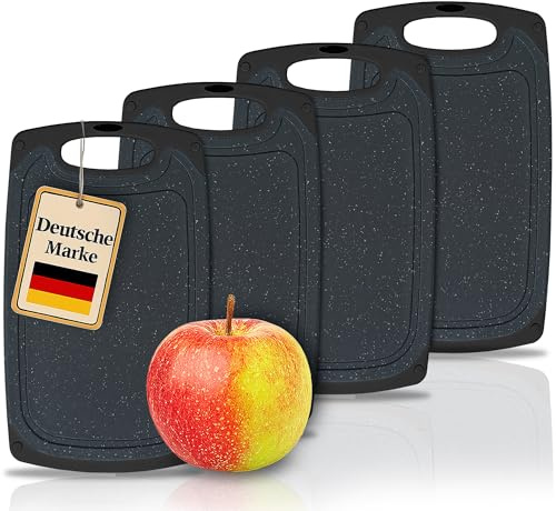 KPYTO Frühstücksbrettchen 4-er Set, 25x15 cm, spülmaschinenfest beidseitig rutschfest mit Saftrille und Griff Schneidebrett Kunststoff klein schwarz